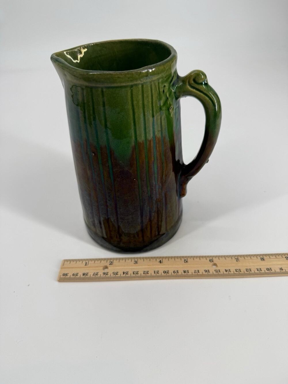 Vintage 7-1/2" Brown & Green Stoneware Pitcher Farmhouse Pottery